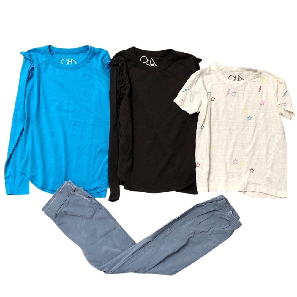 Chaser 4pc Clothing Set Girls Size 10 Blue‎ Black White Ruffle Tops Joggers Tee